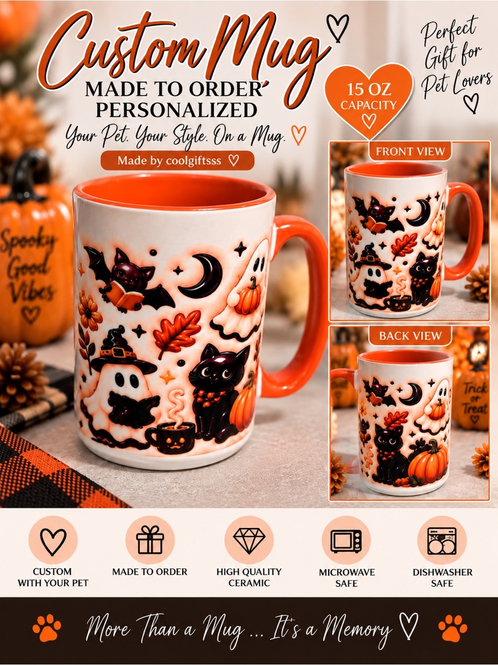Halloween Ceramic Mug - Orange Interior & Handle made to order ghosts cats 15 oz